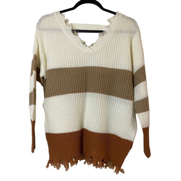 Moon & Madison Women's Striped Distressed V-Neck Pullover‎ Sweater Size XS - Picture 1 of 12